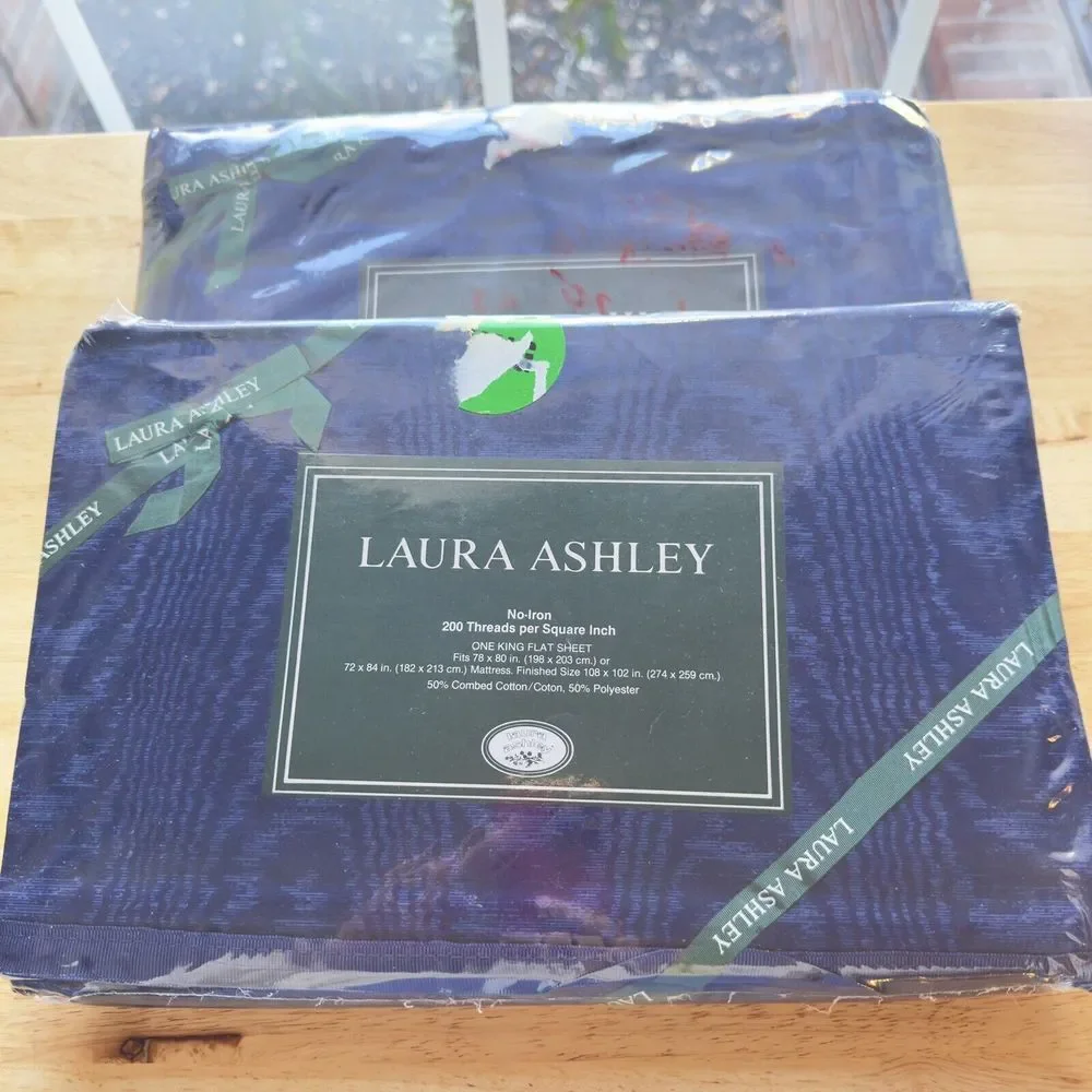 Laura Ashley Salon Navy Vintage Cotton‎ No-Iron 1991 KING Sheets Flat Fitted NEW